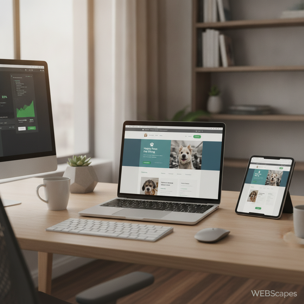 Modern web design workspace showing a professional website being designed on a sleek laptop for a small business