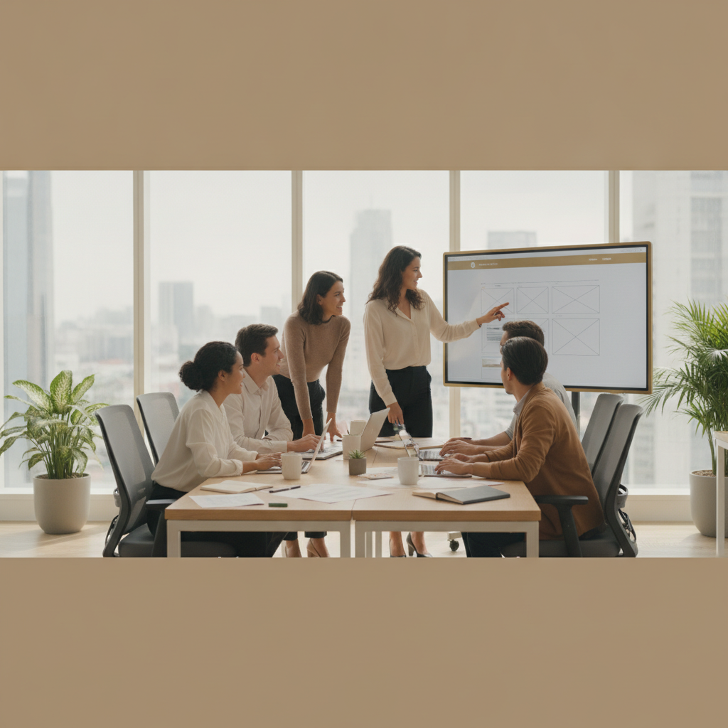 The WebScapes team collaborating in a bright, modern office space