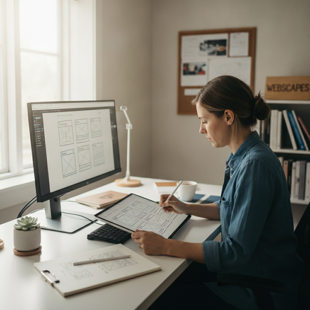 A WebScapes designer sketching website wireframes on a tablet