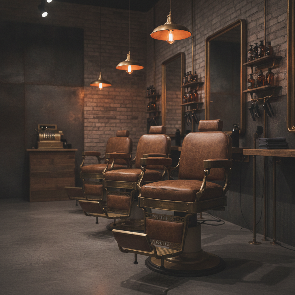 Moody industrial interior of Rise Barber Studio featuring vintage leather chairs, brass fixtures and warm Edison bulb lighting