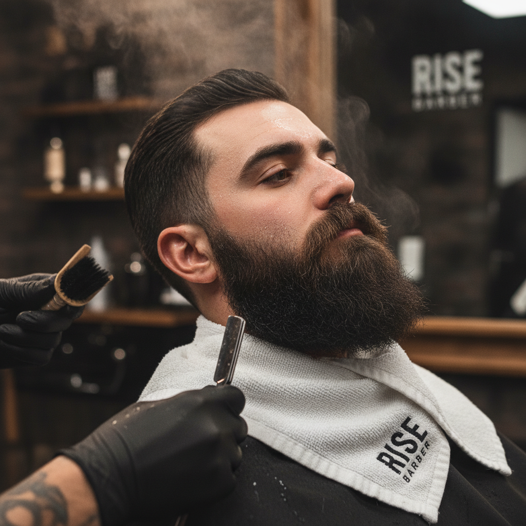 Full beard sculpt and hot towel treatment detail shot showcasing precision line work at Rise Barber