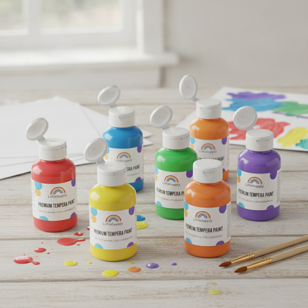 Set of colorful non-toxic washable tempera paint bottles for school art classroom