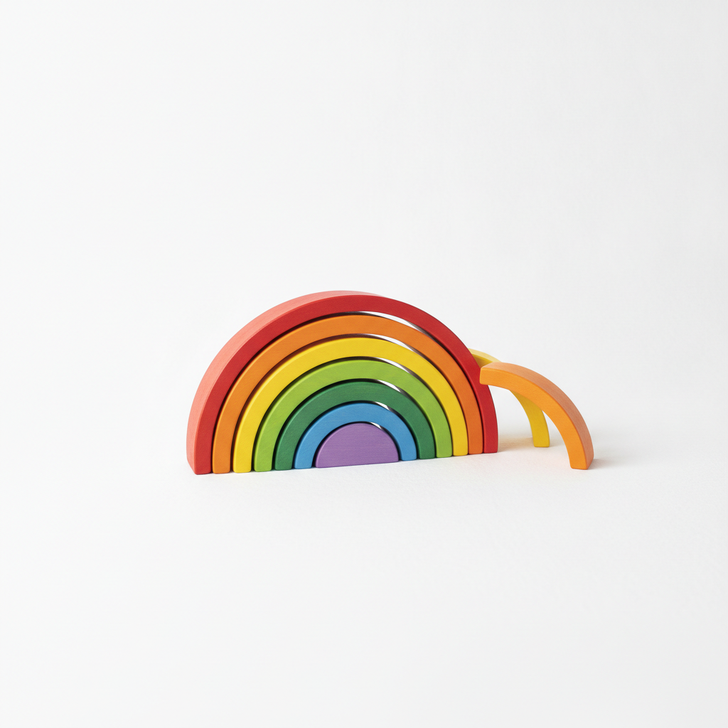 Handcrafted wooden rainbow stacker Montessori toy on white background bright colors