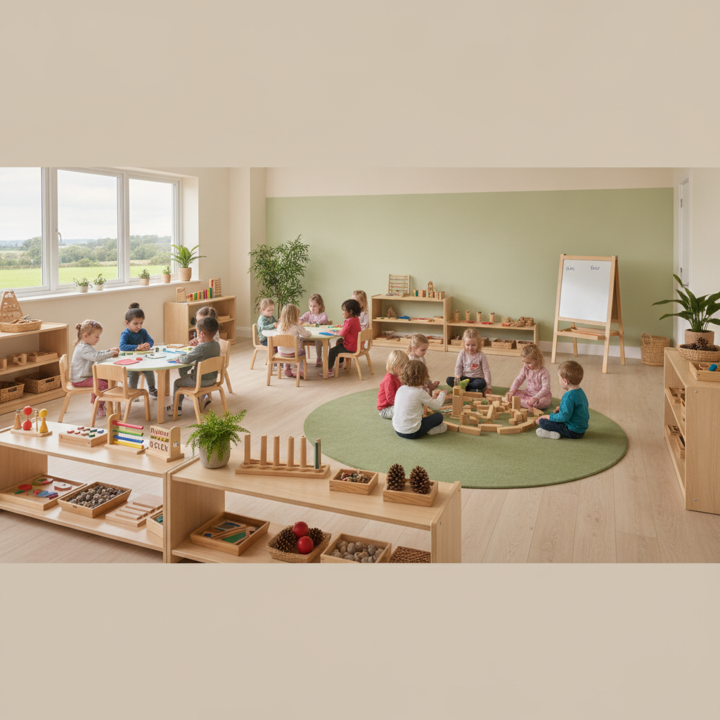 Bright modern Irish Montessori preschool classroom with wooden educational toys children learning natural light