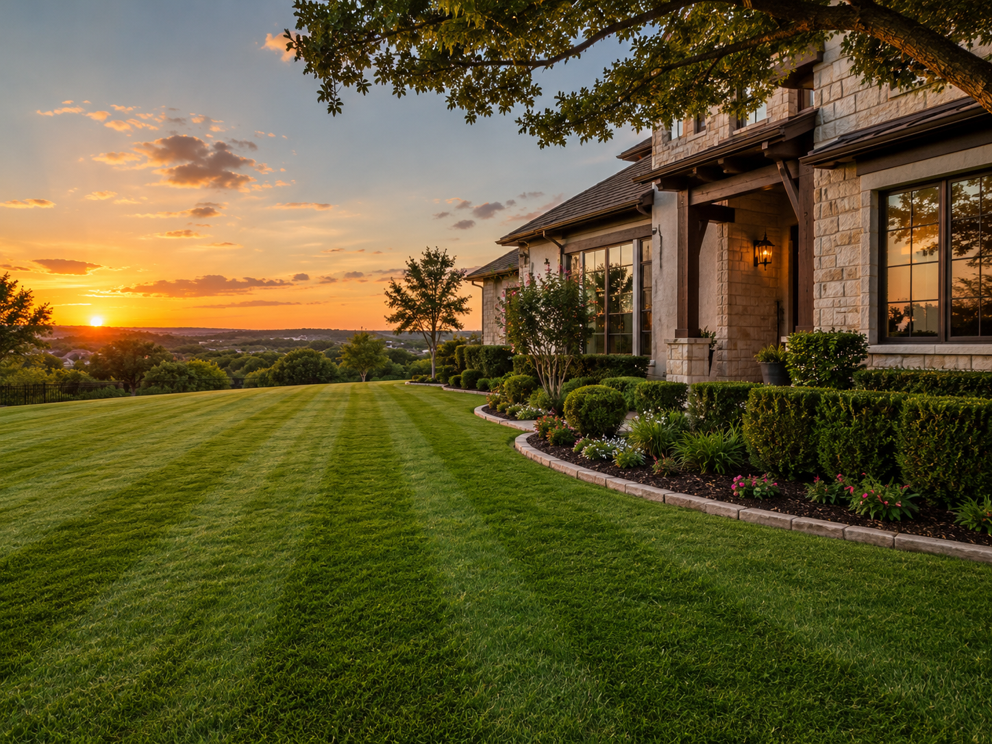 Fresh mowed lawn with crisp mowing lines and clean edges