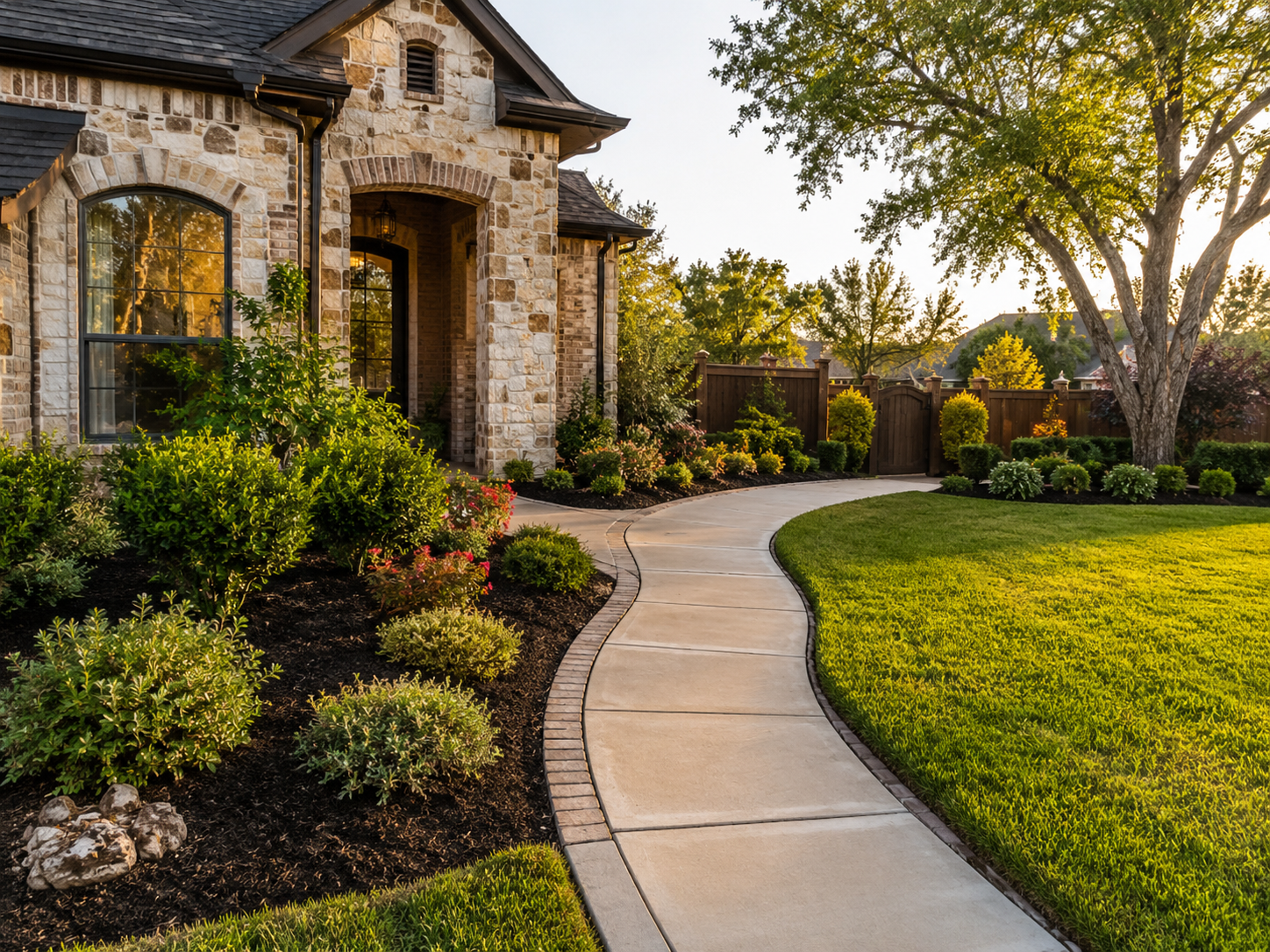 Front yard lawn care finish with neat shrubs