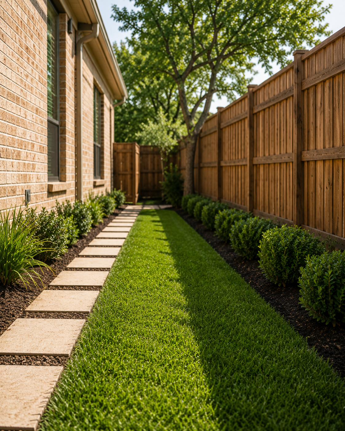 Clean side yard after recurring mowing service