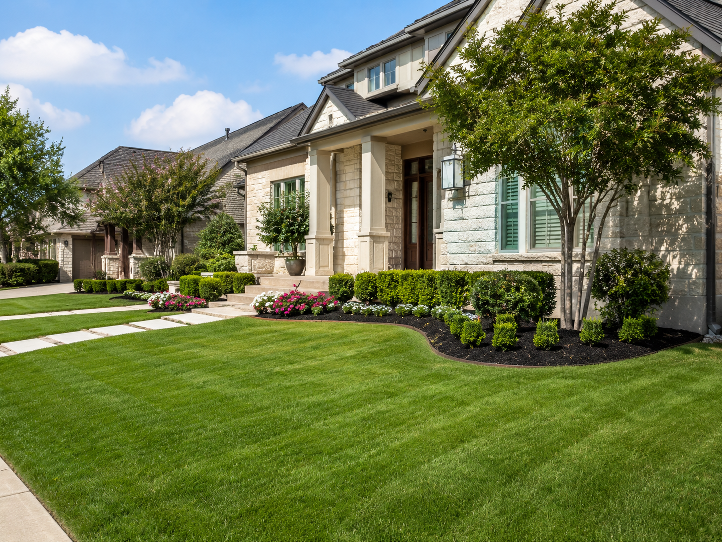 Curb appeal lawn service with neat front yard and entry path