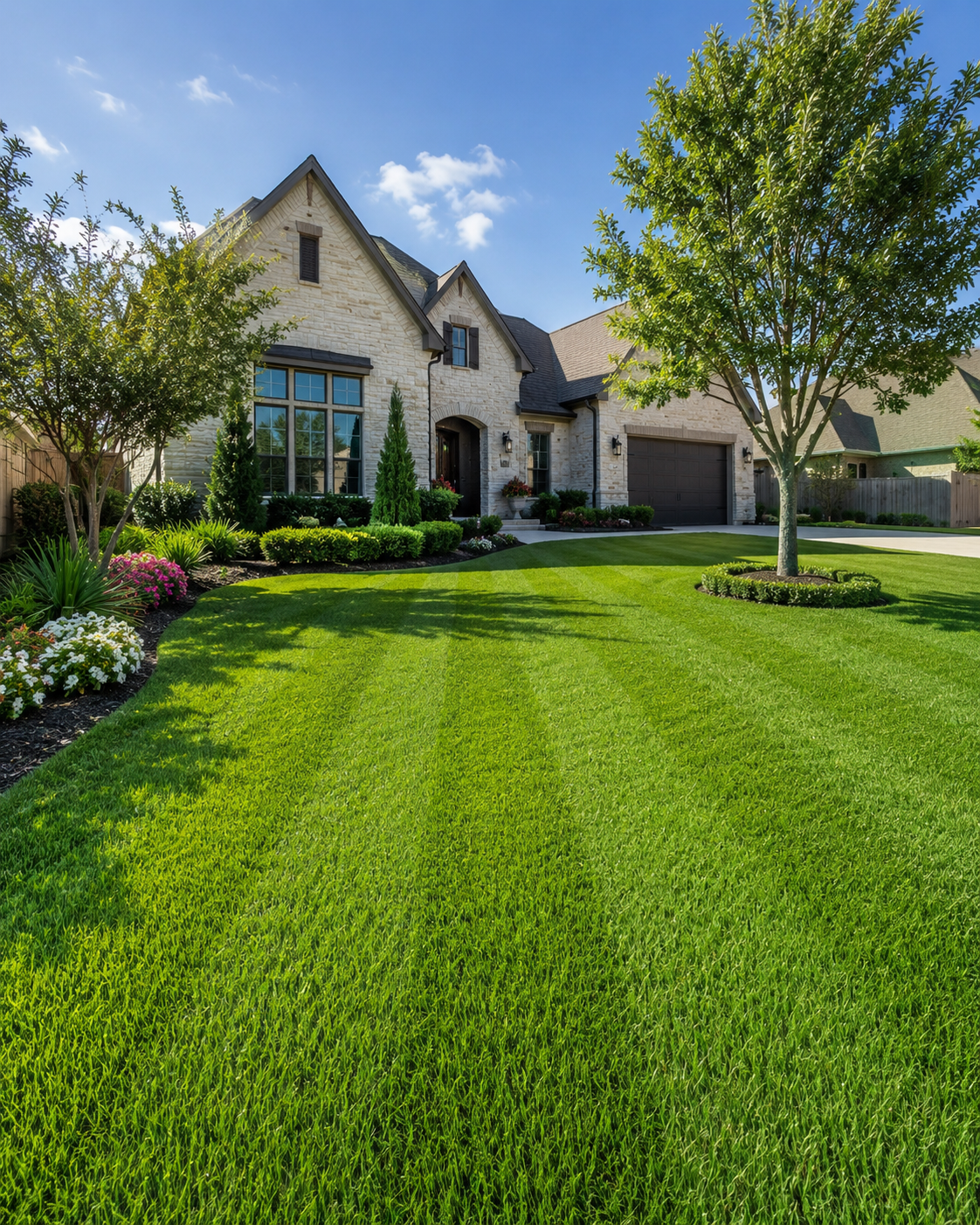 Featured lawn care result with clean mowing stripes and trimmed borders