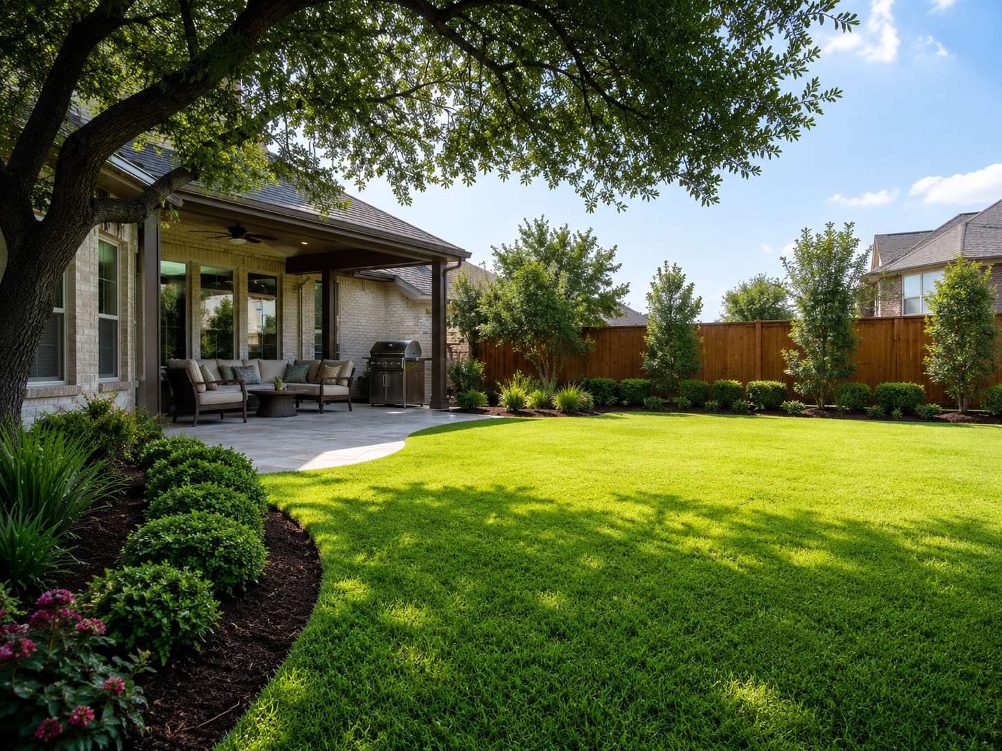 Backyard cleanup with mowed grass and cleared patio