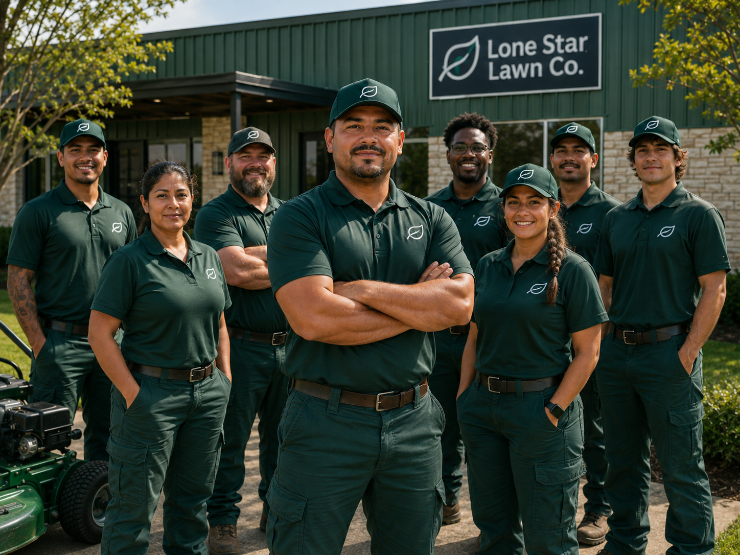 Friendly lawn care team standing outside their company building