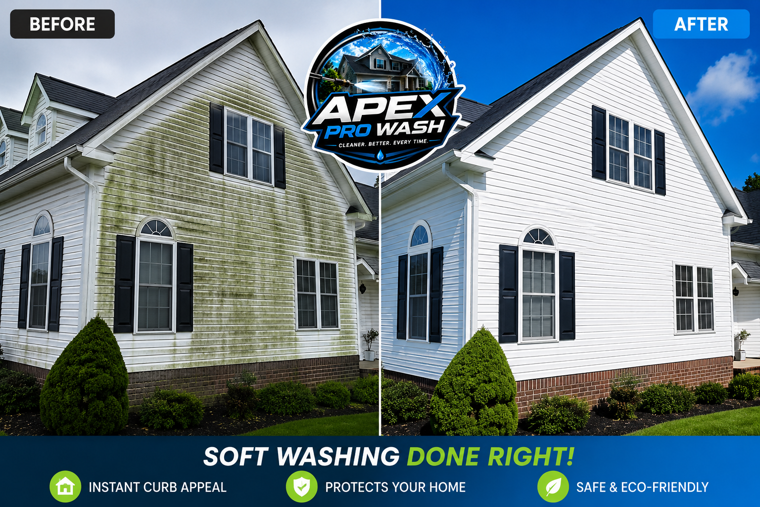 Apex Pro Wash technician soft washing a pristine suburban Indianapolis home exterior with professional equipment
