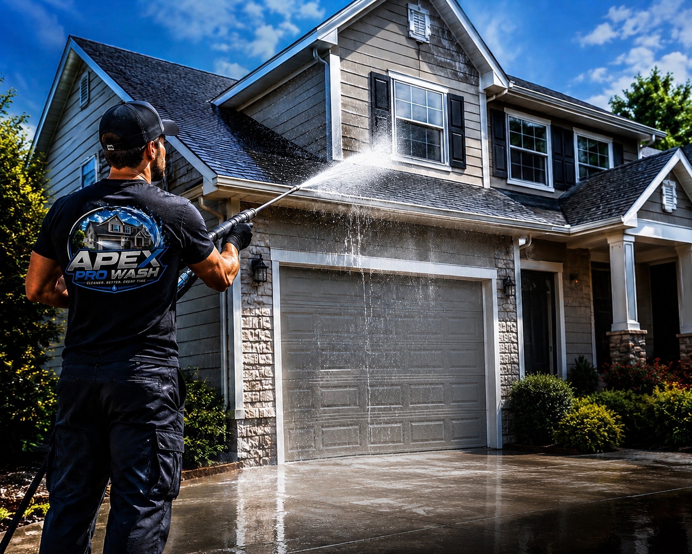 Professional Apex Pro Wash technician soft washing a pristine two-story Indianapolis home exterior with high-pressure spray
