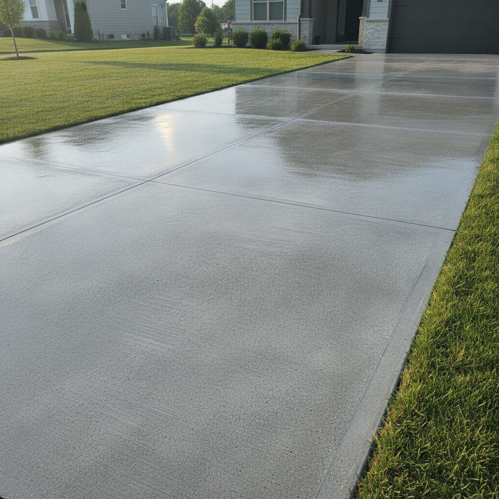 Spotless clean gray concrete driveway after professional pressure wash