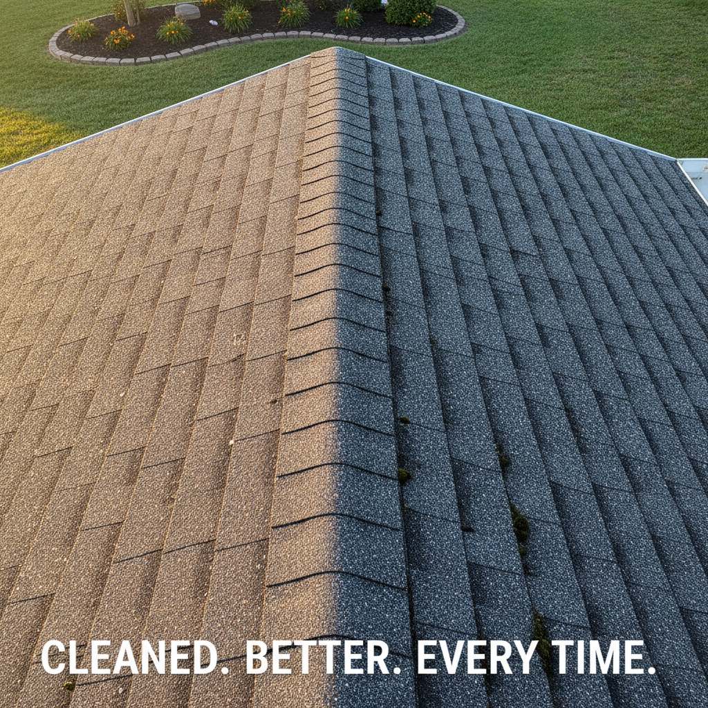Clean restored asphalt shingle roof after professional soft wash treatment