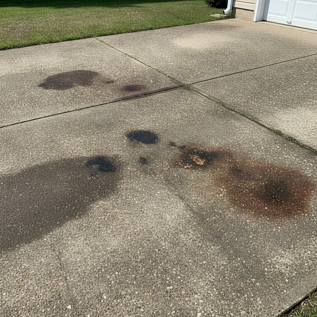 Stained oil marked concrete driveway before pressure washing