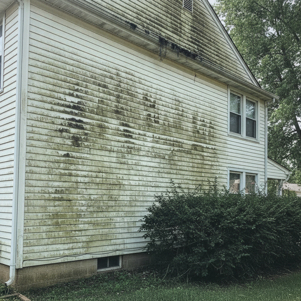 Dirty mildew covered vinyl siding before soft wash cleaning