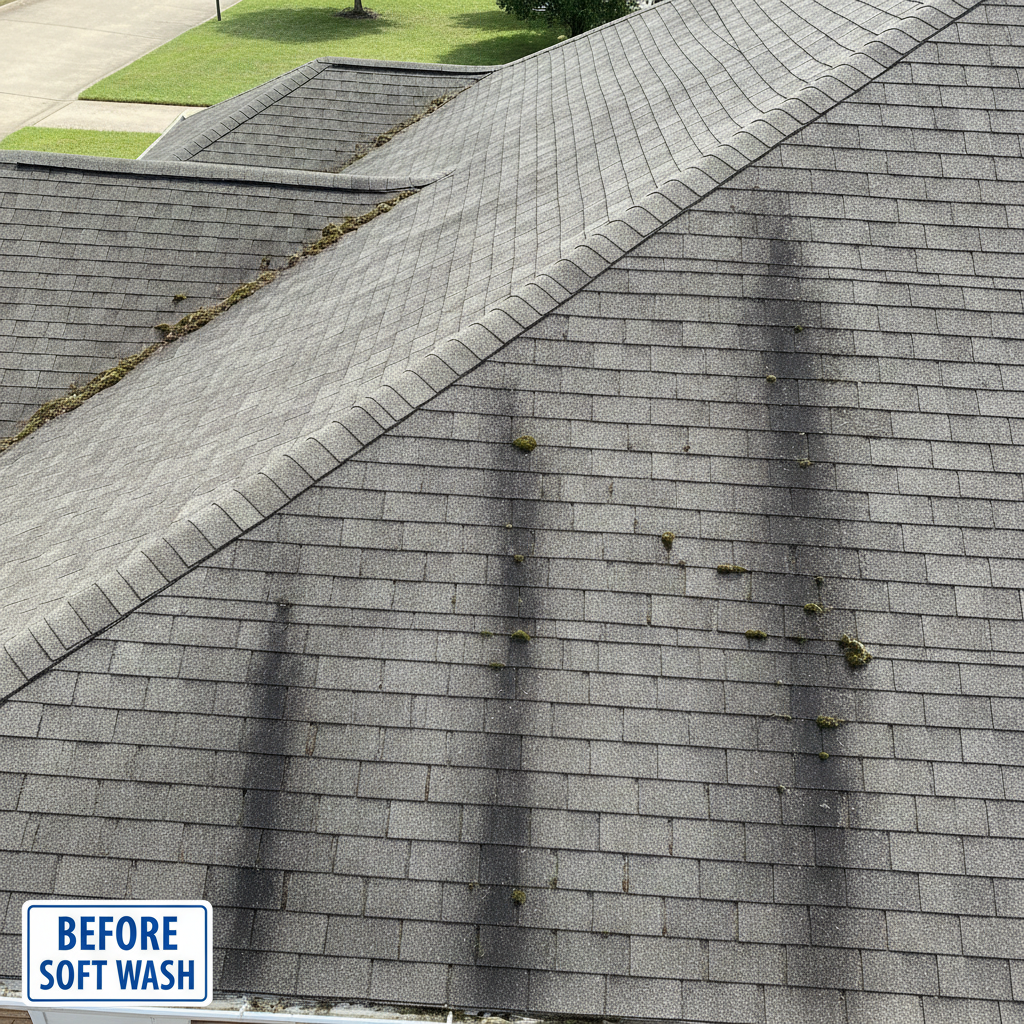 Black streaked algae stained asphalt shingle roof before soft wash
