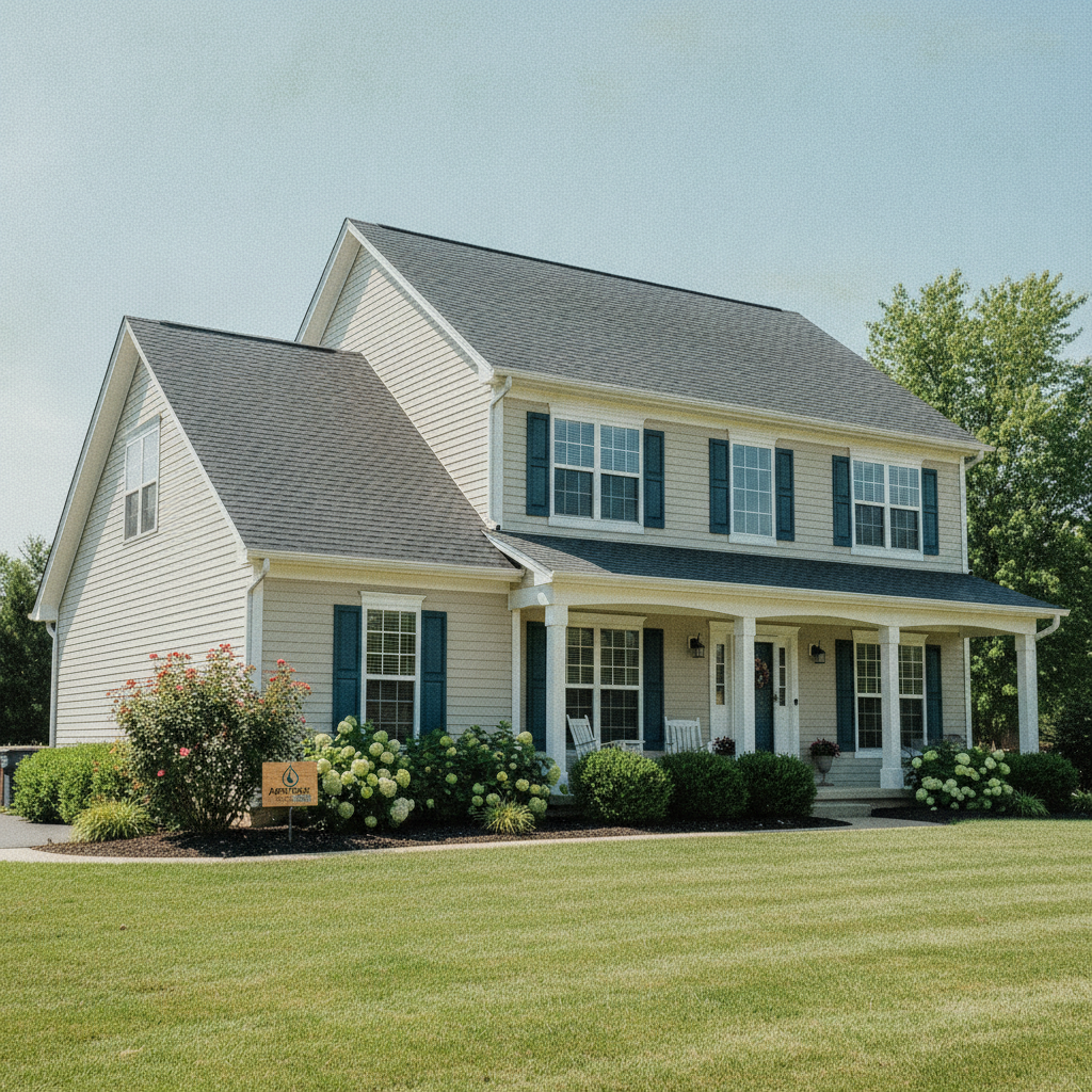 Beautiful pristine two-story suburban Indianapolis home exterior with spotless vinyl siding and freshly cleaned shingle roof after professional Apex Pro Wash soft wash treatment