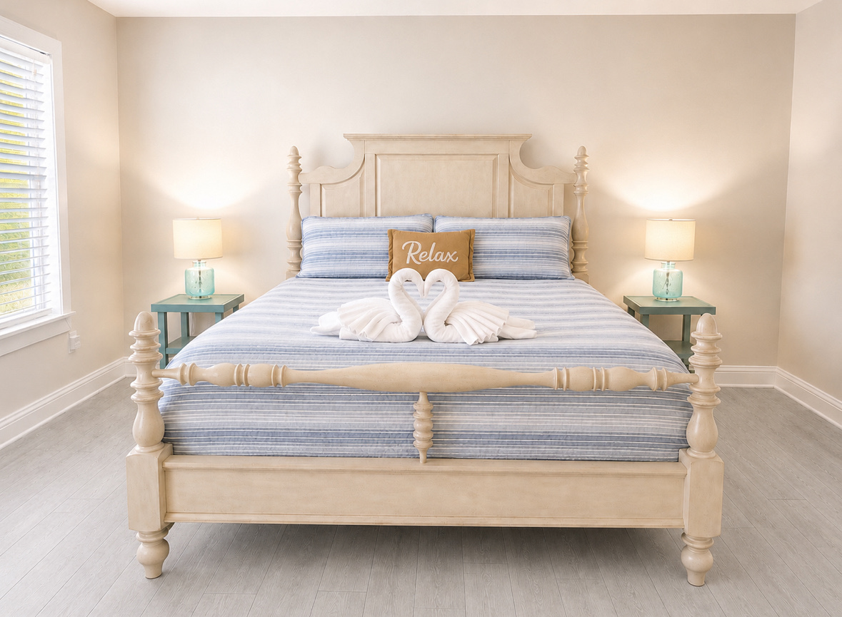 Immaculate resort bedroom beautifully staged