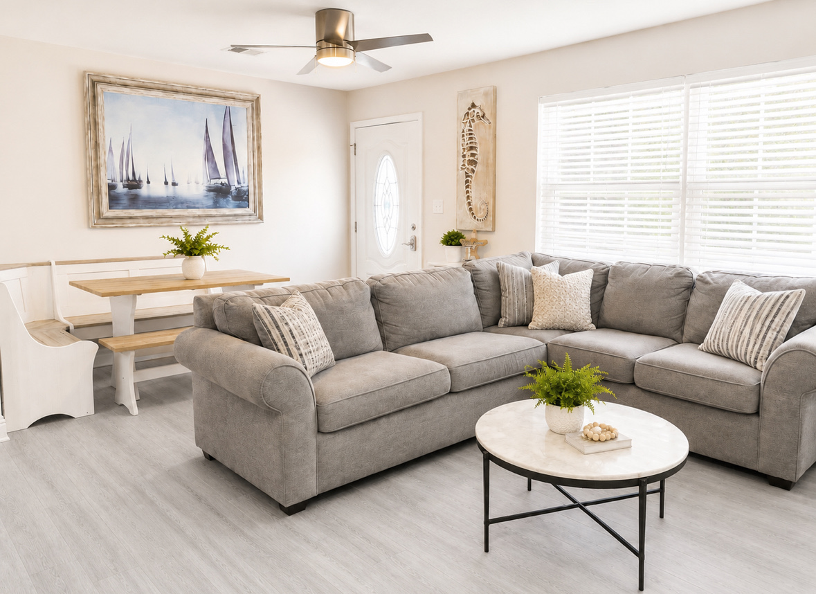 Pristine, freshly cleaned luxury beachfront condo interior overlooking the ocean in Panama City Beach