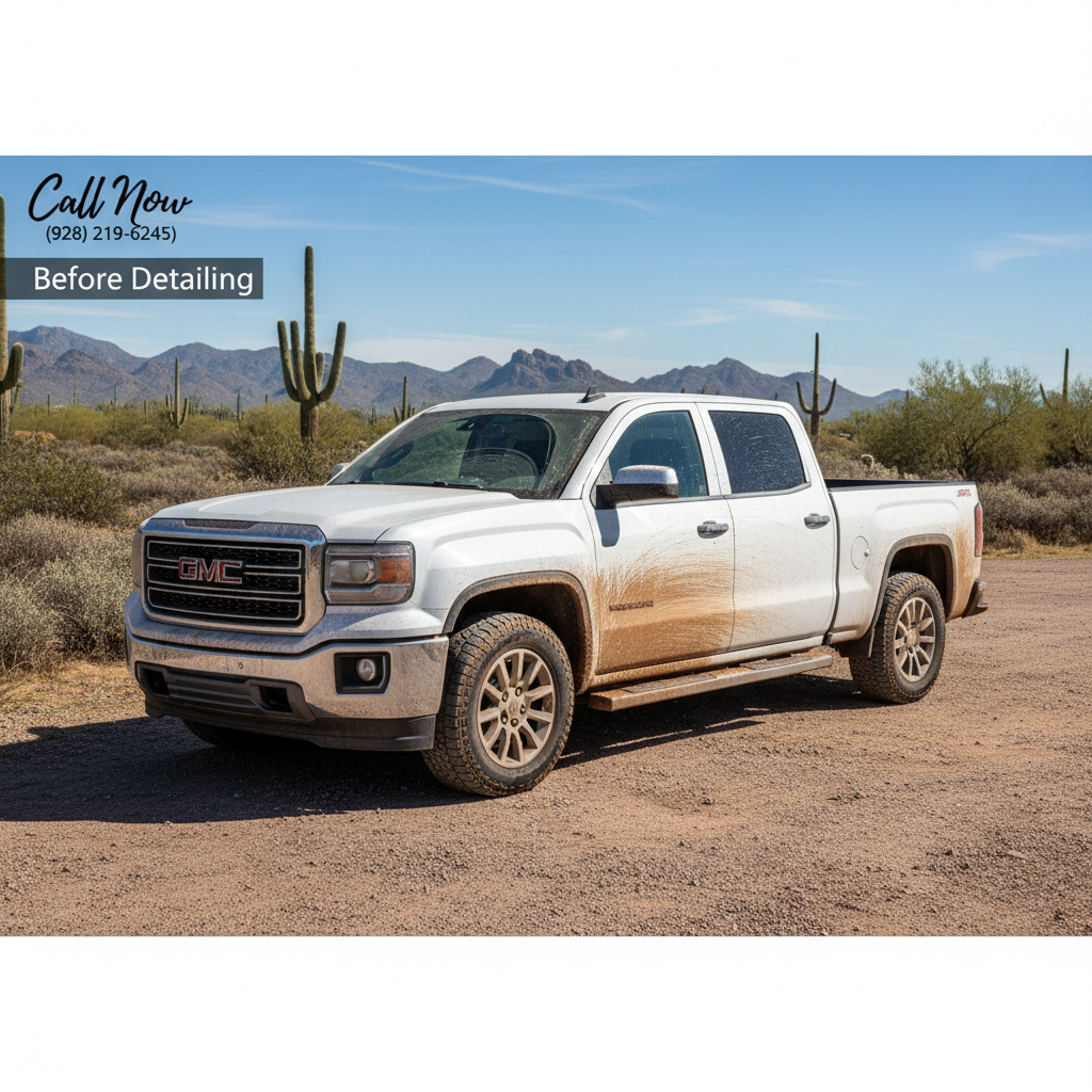 White GMC truck before detailing, covered in dirt and grime.