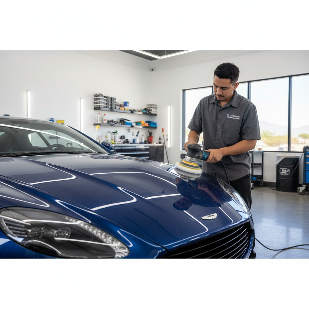 A professional detailer polishing the hood of a luxury car.