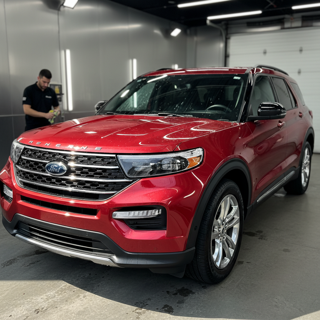 A red Ford SUV freshly detailed, with deep, rich paint.