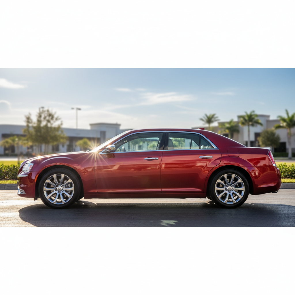 Side profile of a freshly detailed red Chrysler sedan, gleaming in the sun.