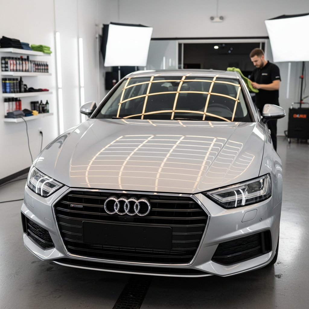 Close-up of an Audi front end, cleaned and polished to perfection.