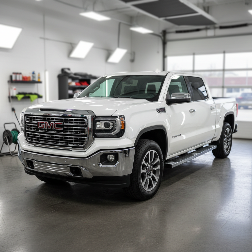 Same white GMC truck after detailing, sparkling clean with a mirror-like finish.