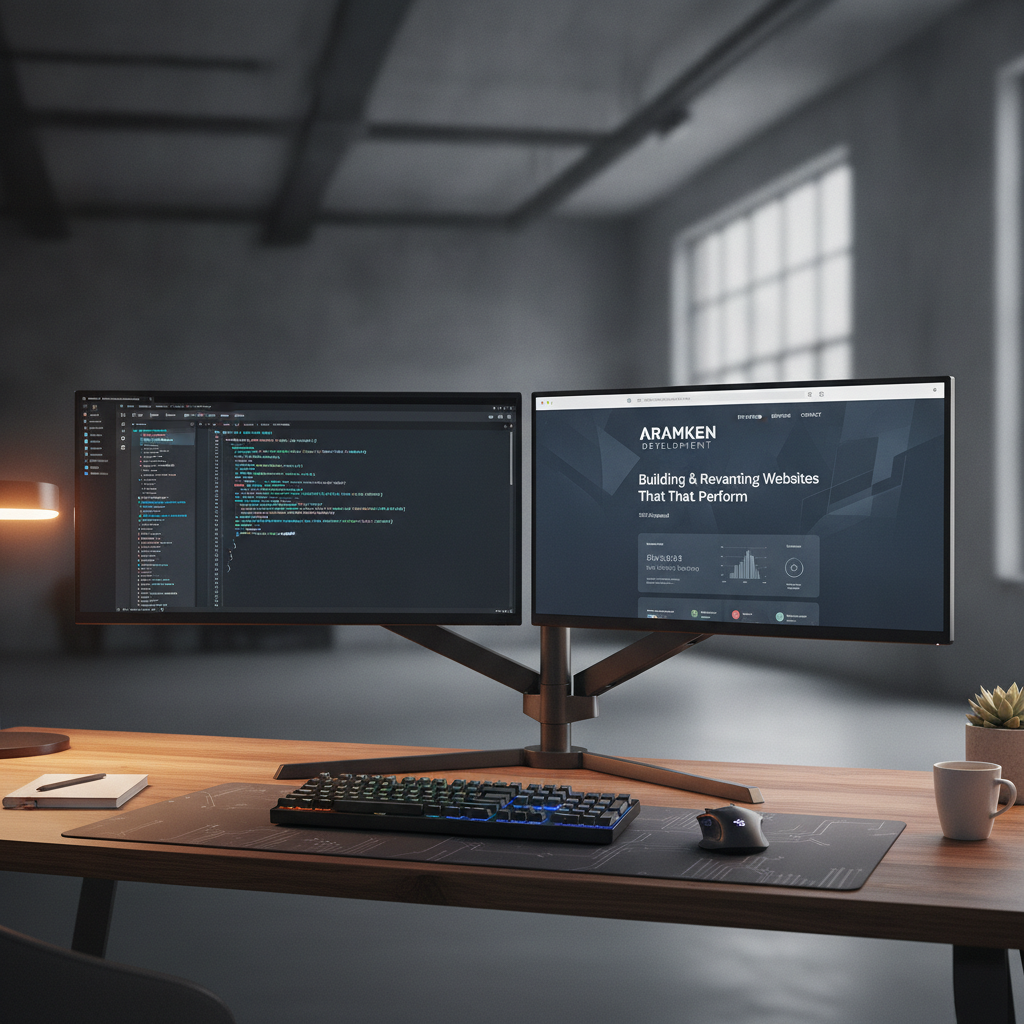 Modern coding workspace with dual monitors showing web development code for Aramken Development