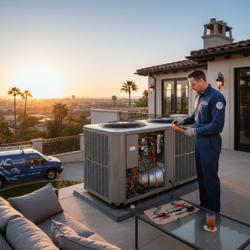 Professional, uniformed HVAC technician from Beverly Hills AC Service working on an air conditioner