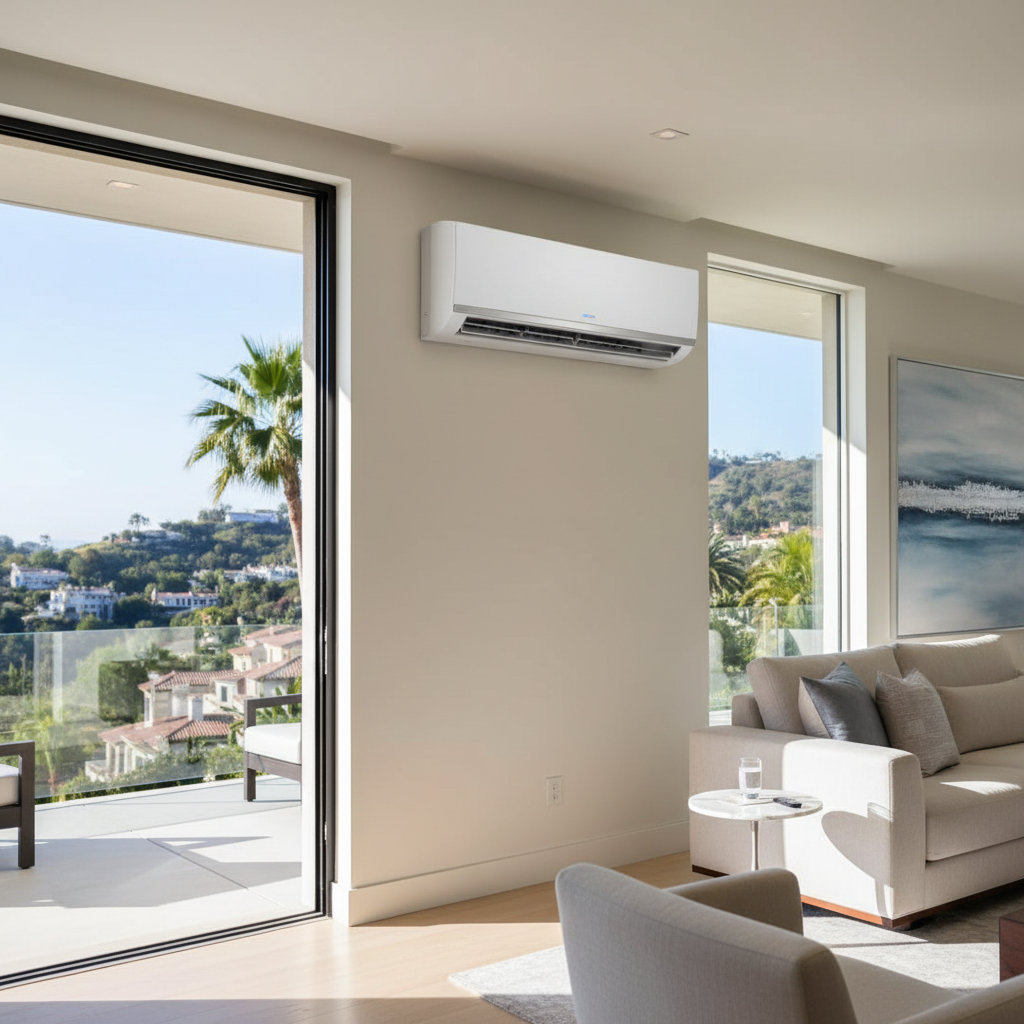 Sleek modern air conditioning unit installed perfectly in a luxury Beverly Hills home