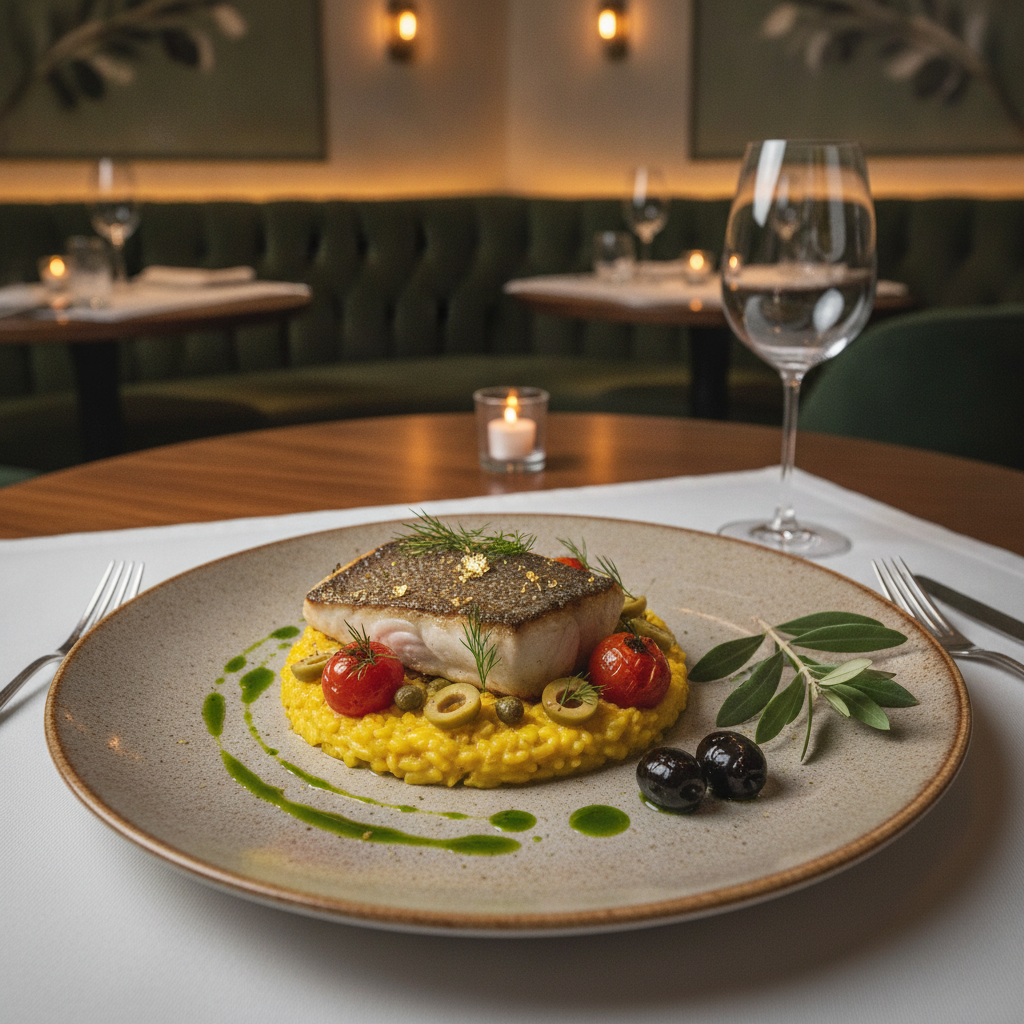 Elegant plated gourmet dish with olive garnish at The Olive Leaf fine dining restaurant