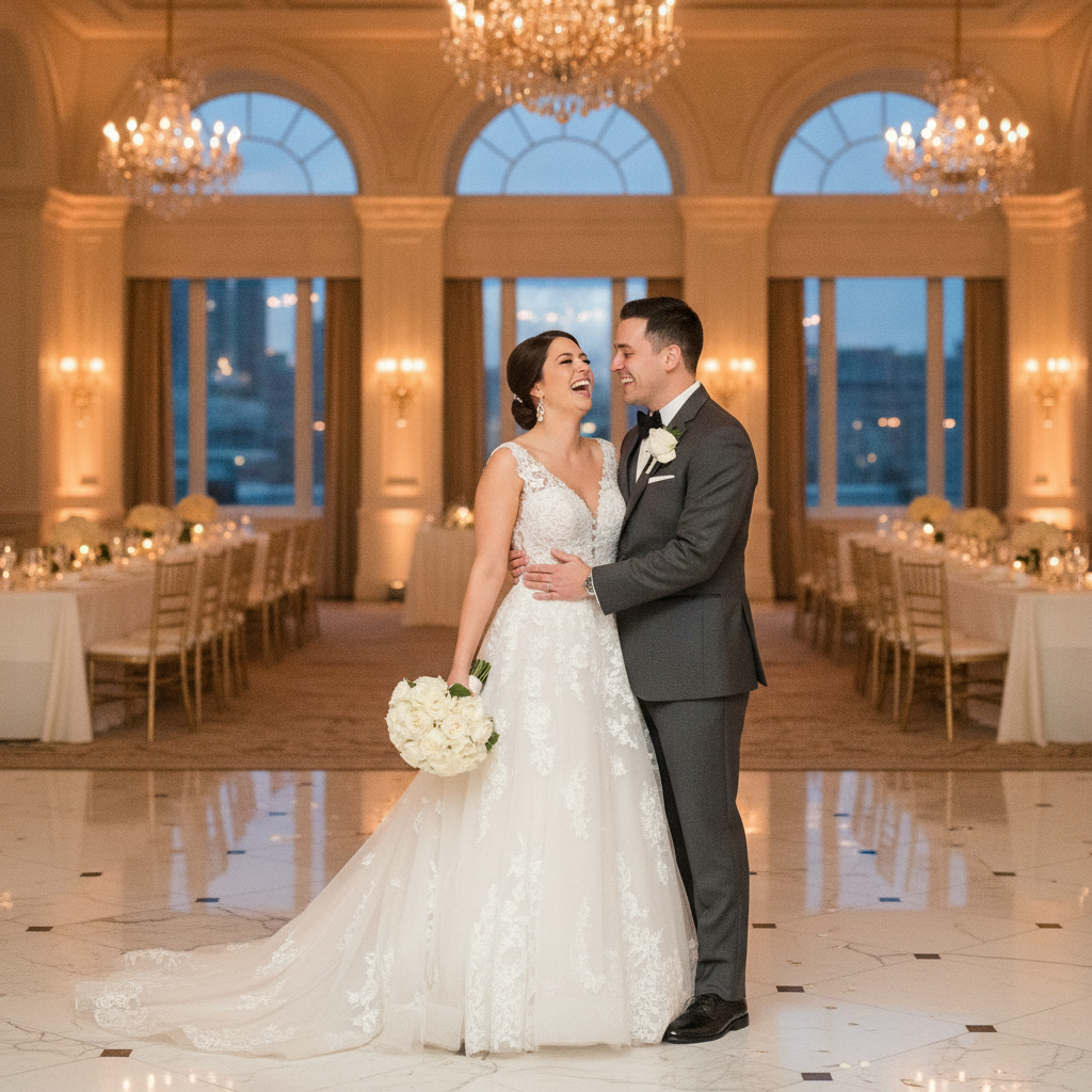 Happy newlywed couple in wedding attire at luxury hotel venue