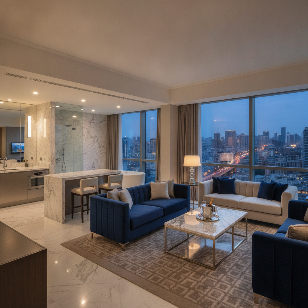 Opulent presidential suite with expansive living space, marble finishes, private kitchenette, and floor-to-ceiling windows revealing top-floor panoramic city views