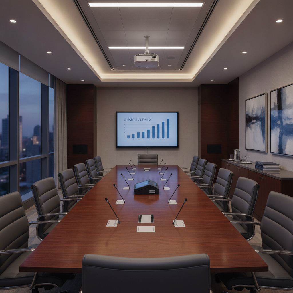 Sophisticated corporate boardroom at City Inn with polished mahogany table, executive chairs, and modern audiovisual equipment