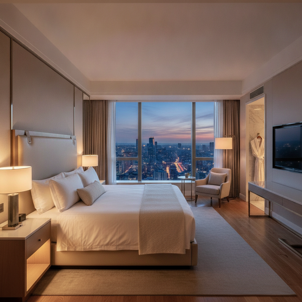 Elegant deluxe king hotel room with plush bedding, warm lighting, and floor-to-ceiling windows overlooking the city skyline