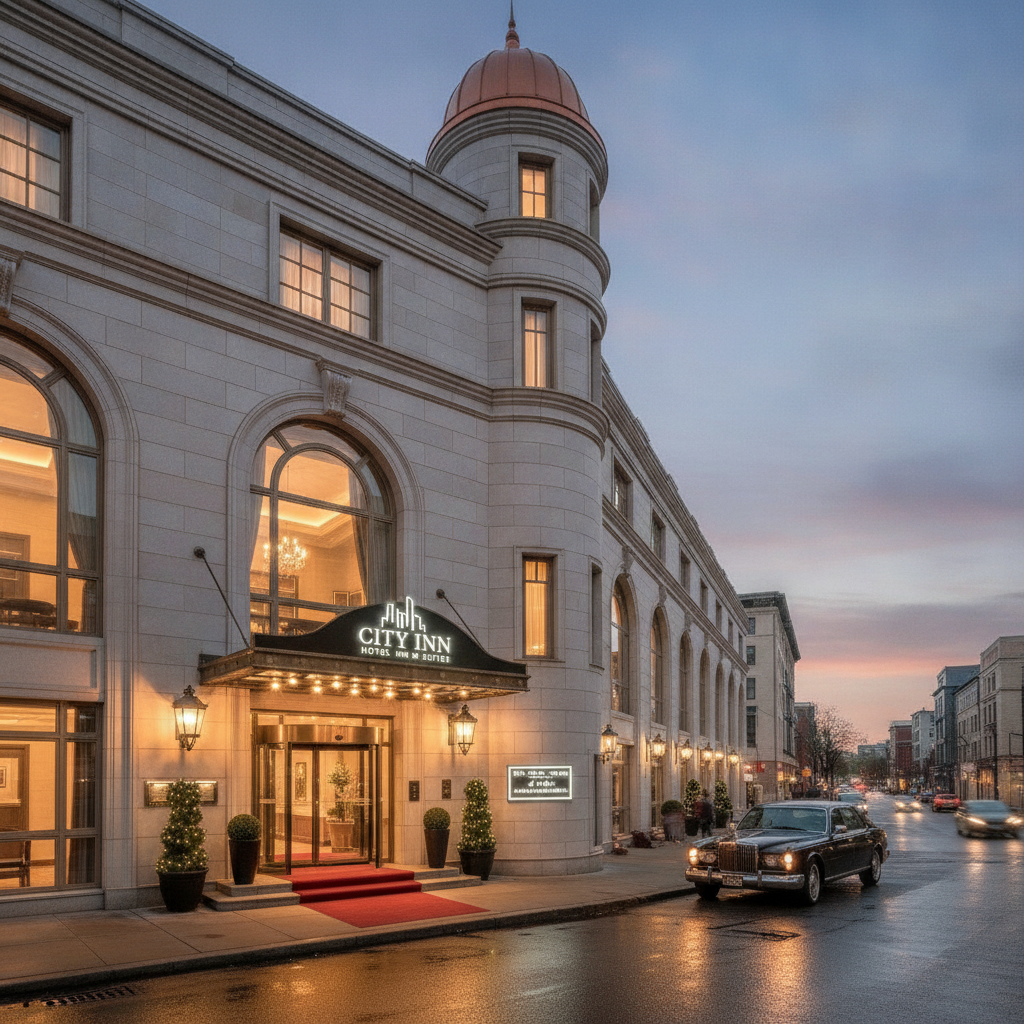Luxurious 4-Star Boutique Hotel Exterior and Elegant Entrance at Dusk