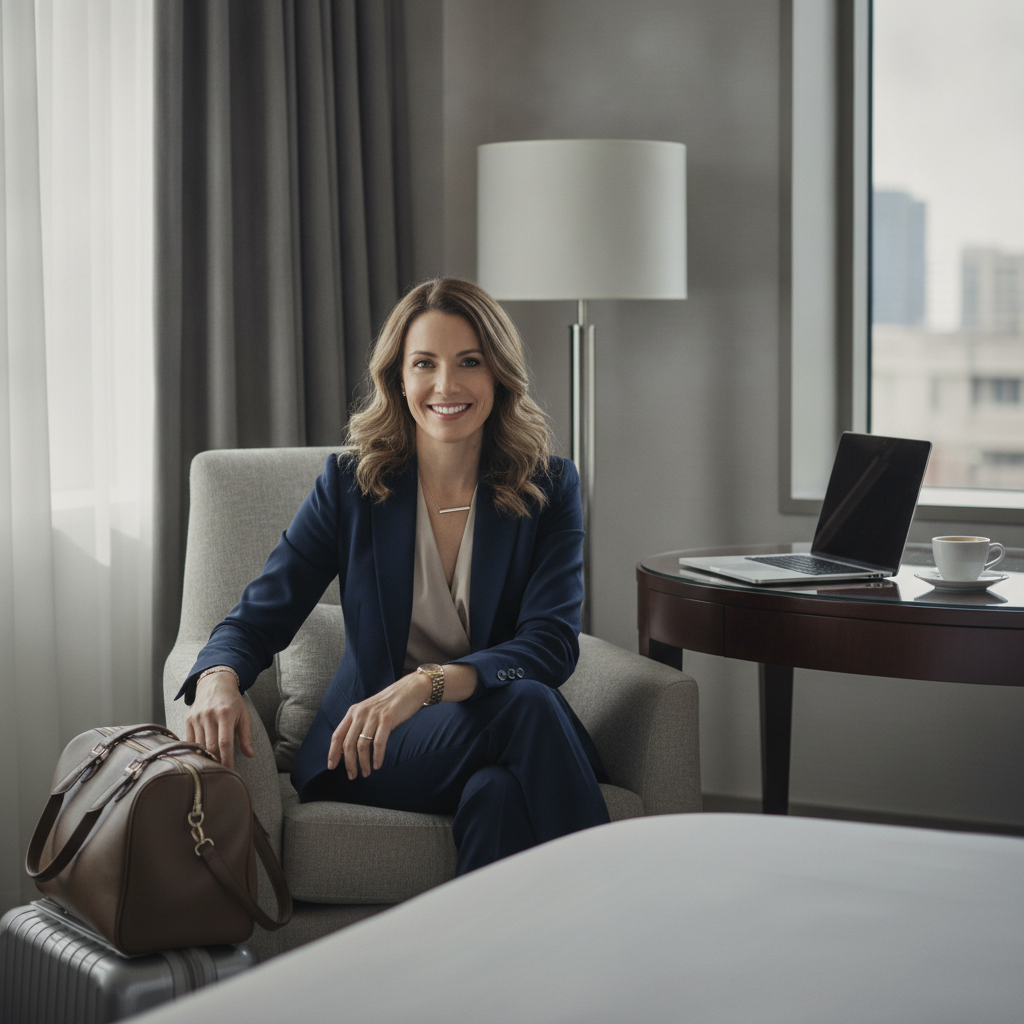 Portrait of elegant female corporate business traveler smiling