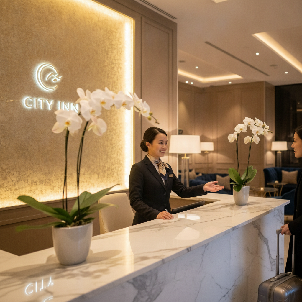 Elegant luxury hotel concierge desk with fresh white orchids, polished marble countertop and warm ambient lighting welcoming guests