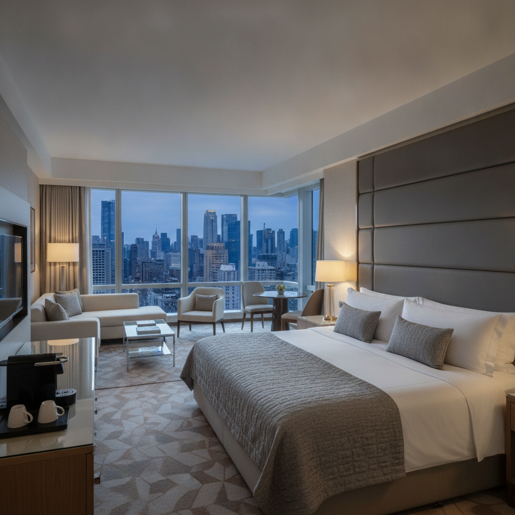Luxurious executive suite at City Inn featuring a king-sized bed, separate lounge area, and panoramic city view through large windows