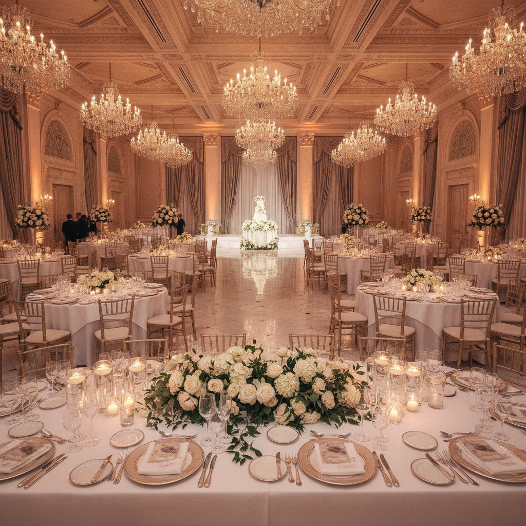Grand ballroom at City Inn elegantly set for a wedding reception with sparkling chandeliers, white linen tables, and lush floral centerpieces