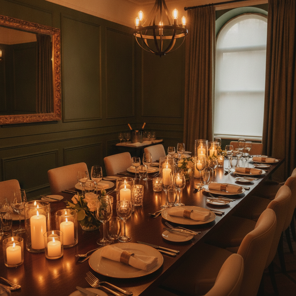 Intimate private dining event space at City Inn featuring warm candlelight, elegant place settings, and refined decor for a celebration