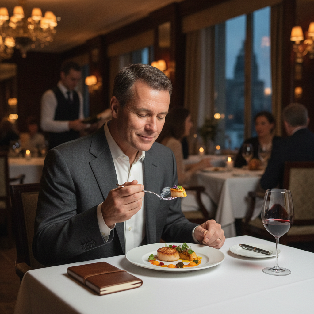 Distinguished male food critic tasting gourmet cuisine in fine dining restaurant