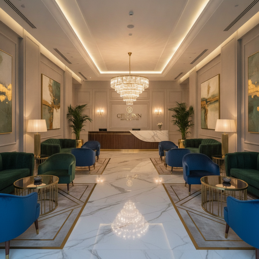 Sophisticated boutique hotel lobby interior with plush velvet seating, marble floors, brass accents, and a cascading crystal chandelier illuminating warm ambient tones