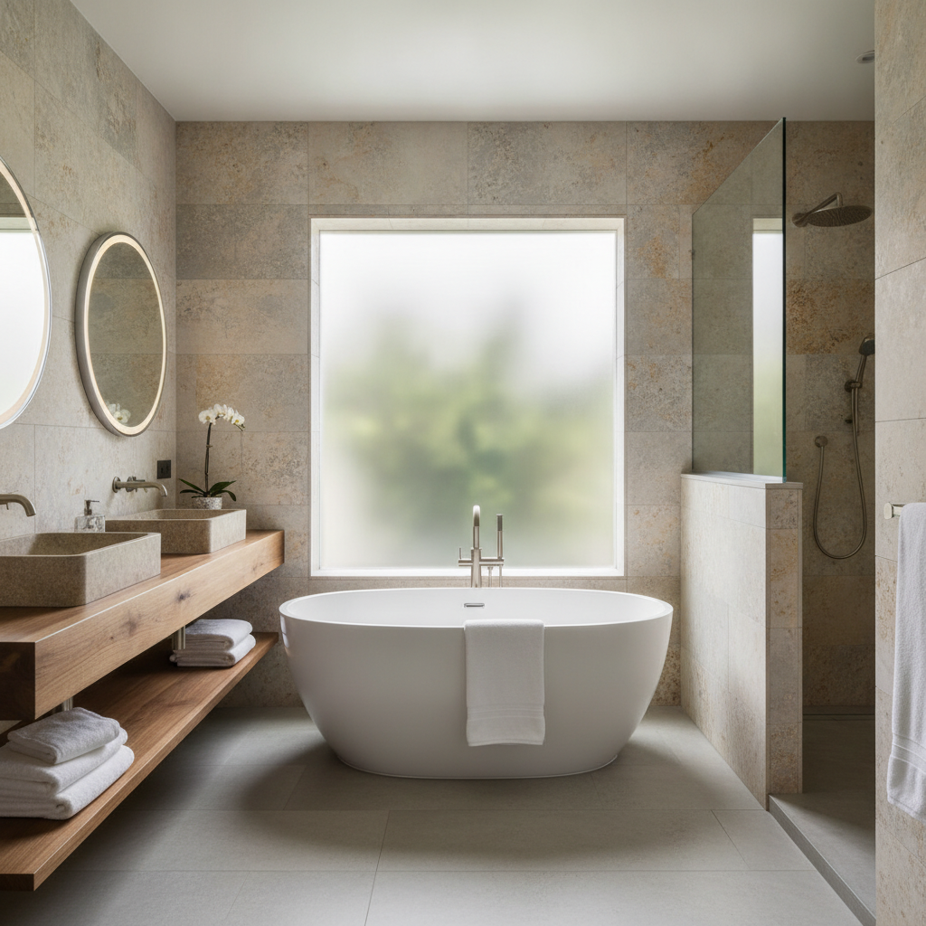 Spa inspired master bathroom renovation with freestanding soaking tub and natural stone walls