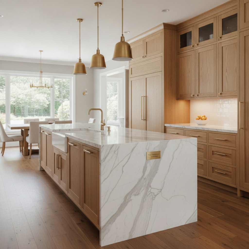 Award-winning luxury kitchen remodel by Hajj Home Improvement featuring marble waterfall island, custom oak cabinetry, and brass fixtures in an upscale residential home