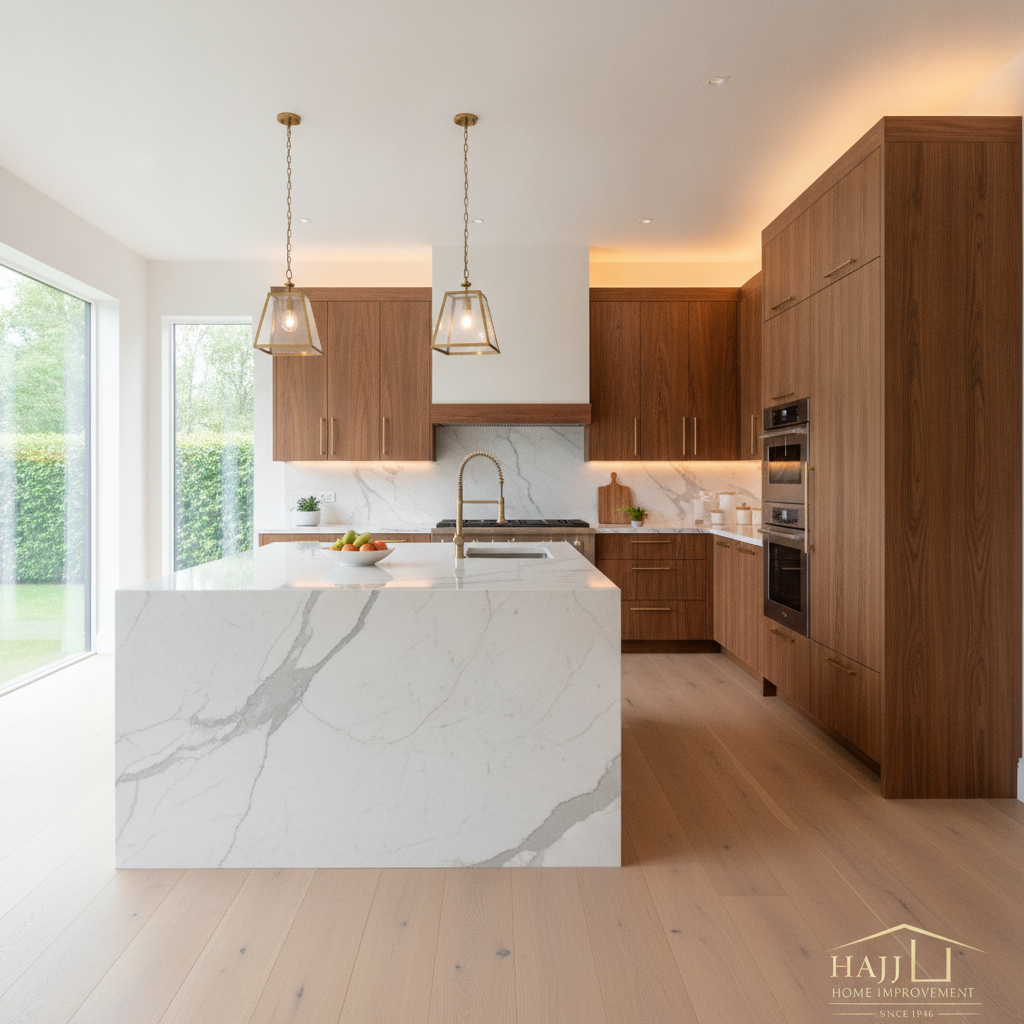 Luxury modern chef kitchen remodel with waterfall marble island and custom walnut cabinetry by Hajj Home Improvement
